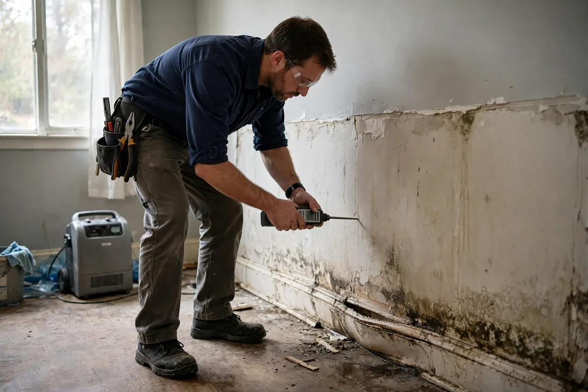 Classes of water damage — a technician using a moisture meter to measure how much water soaked into a room