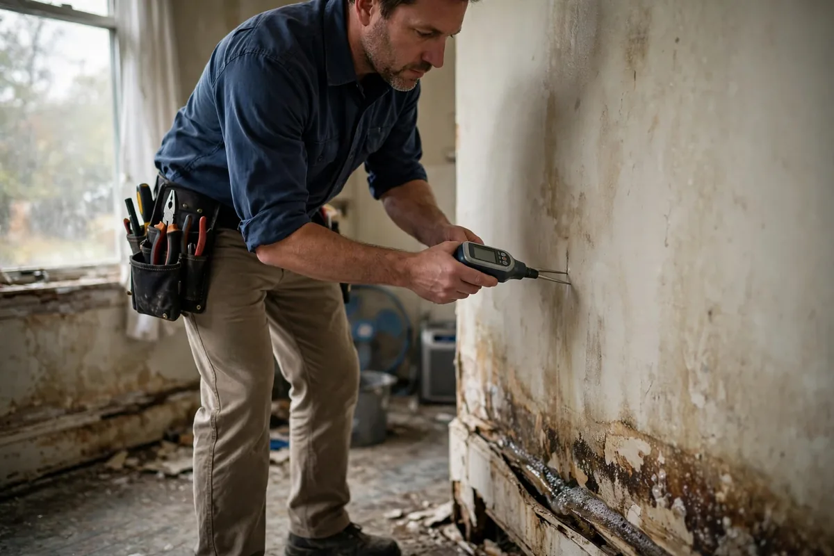 Do you need mold testing after water damage — a pro measuring moisture in a wall with a meter instead