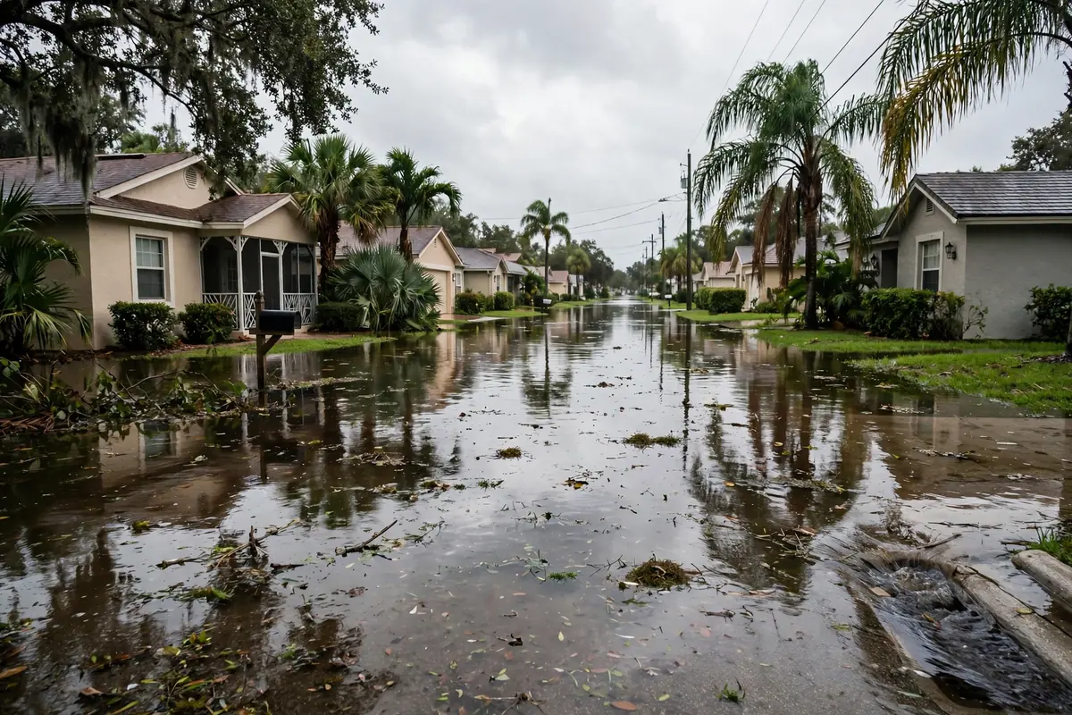 Flood insurance for Florida homeowners — standing flood water on a residential street after heavy rain