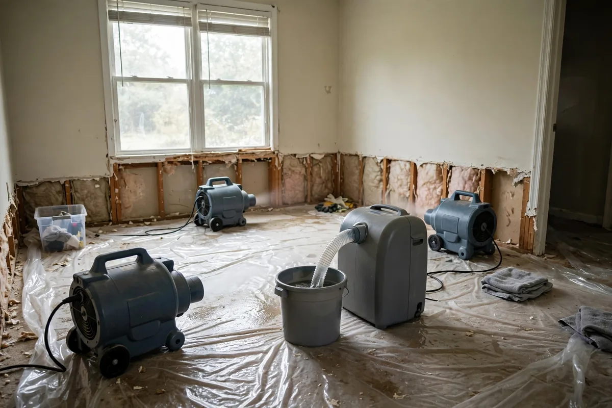 How long does water damage restoration take — air movers and a dehumidifier drying a room