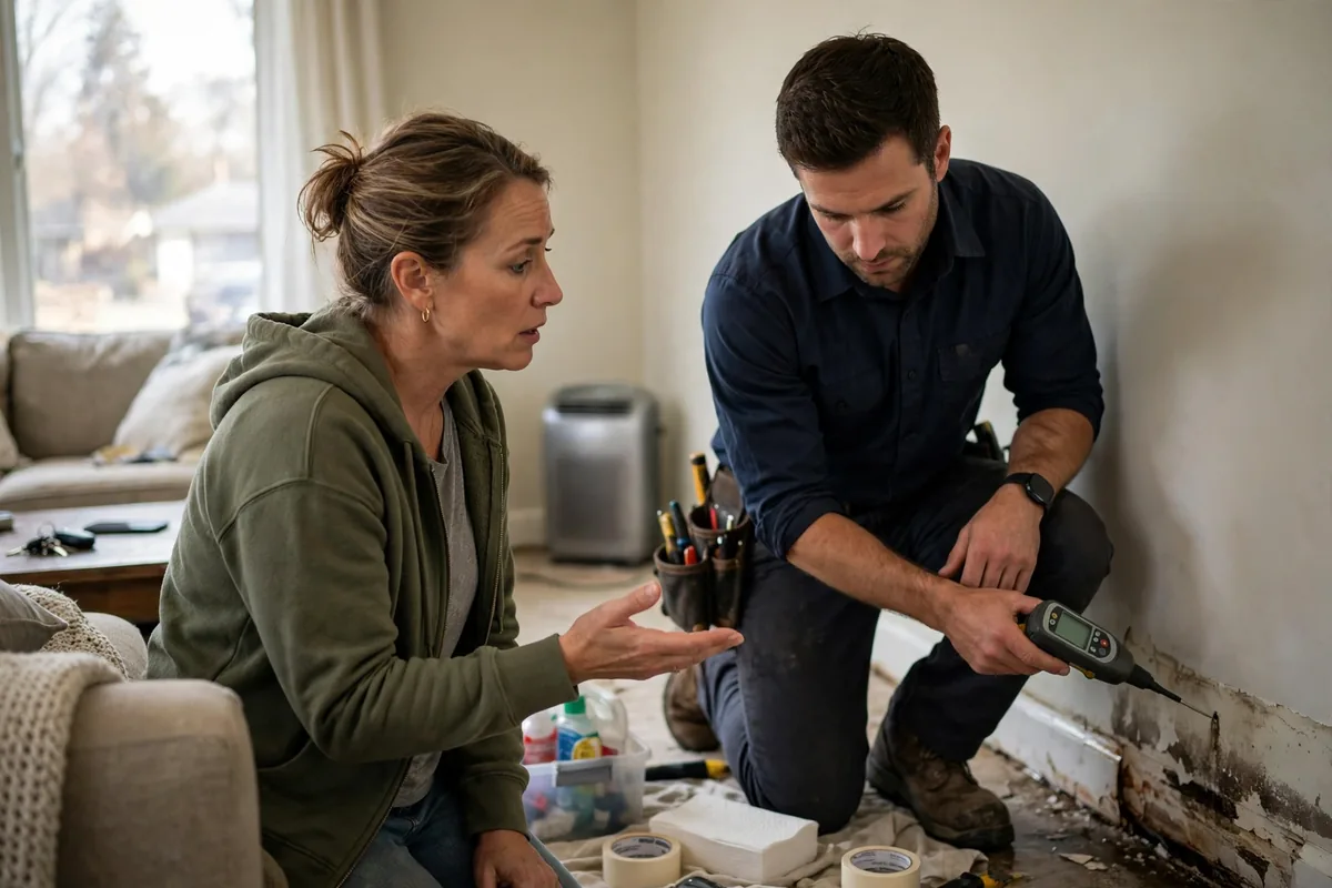 How to compare water damage restoration companies — a homeowner asking questions while a pro checks moisture readings