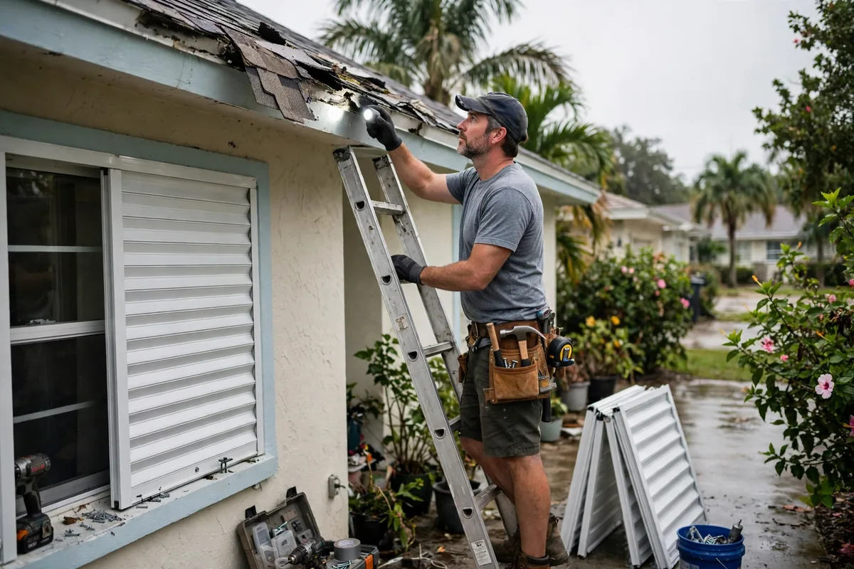 A Florida homeowner preparing a home for storm season, fitting shutters and checking for roof damage