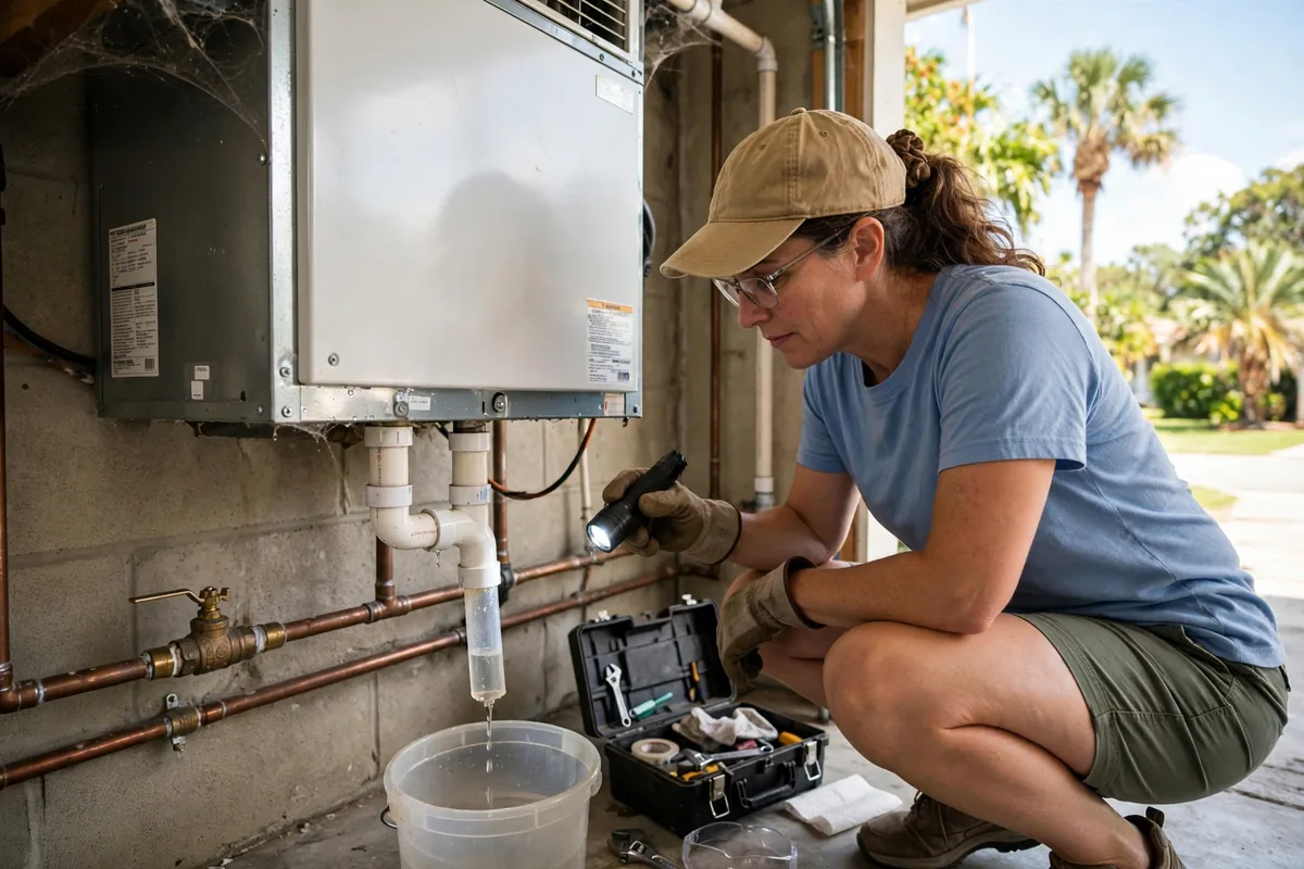A Florida homeowner checking an air handler drain line and water shutoff valve during a prevention walk-through