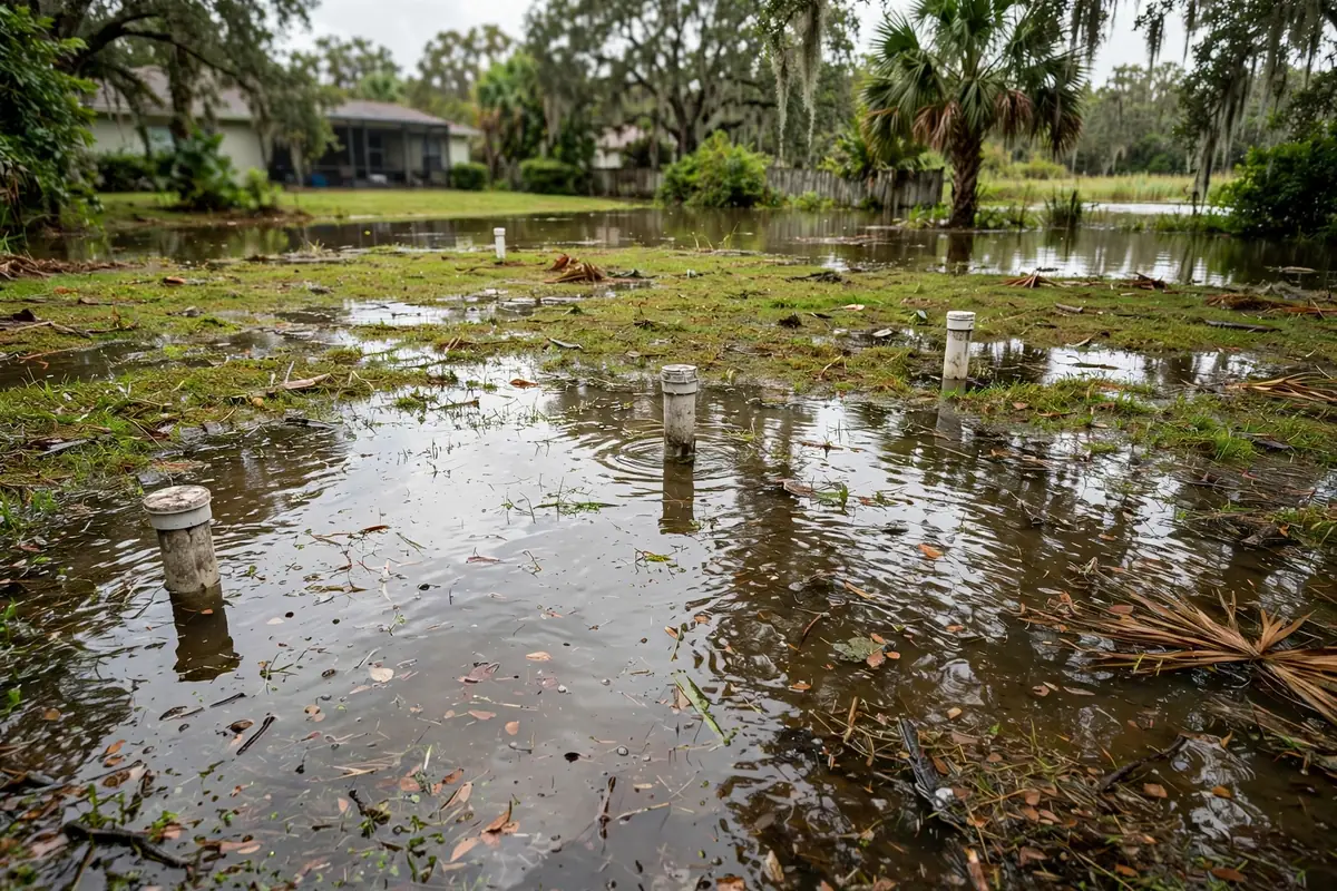 Septic system care after flooding — standing water over a septic drain field in a Florida yard