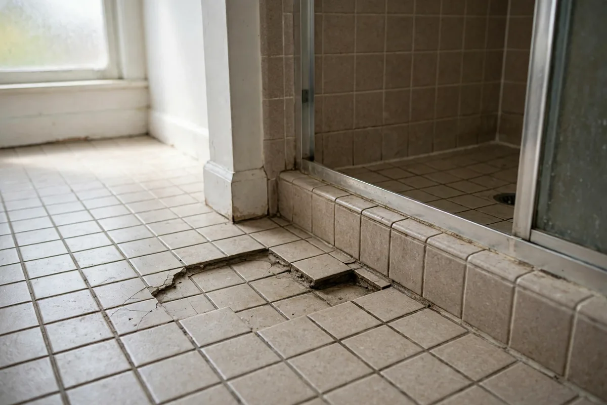 Shower pan leak signs — a soft spot and loose tiles on a bathroom floor next to a shower