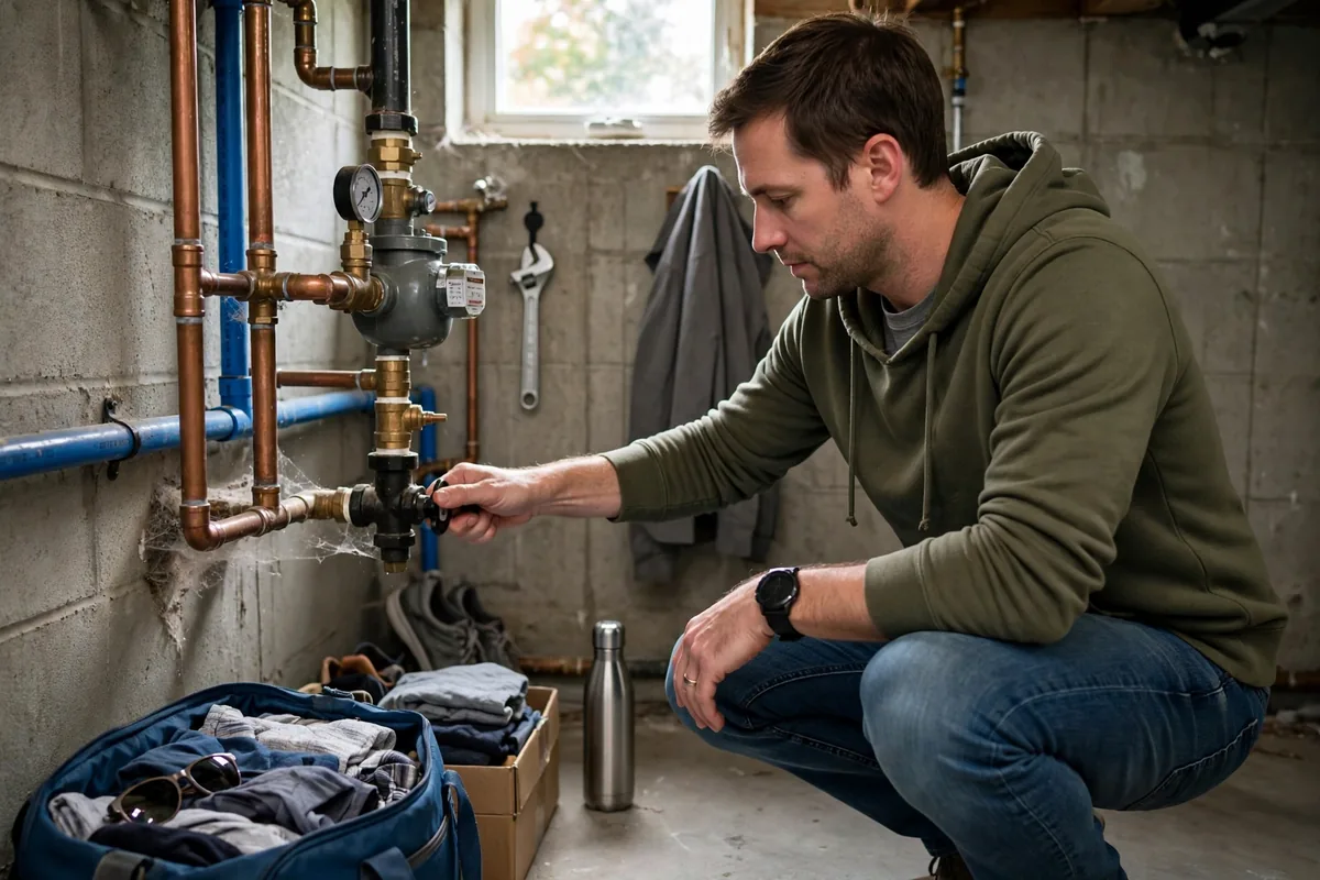 Should you turn off water when you travel — a homeowner closing the main shutoff valve before a trip