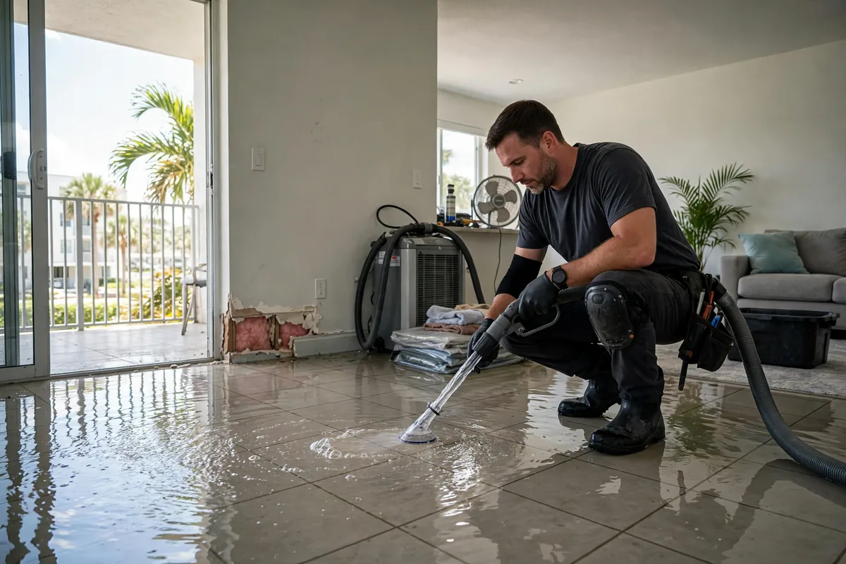 Water Damage Broward County, FL — pro extracting water from a flooded condo floor