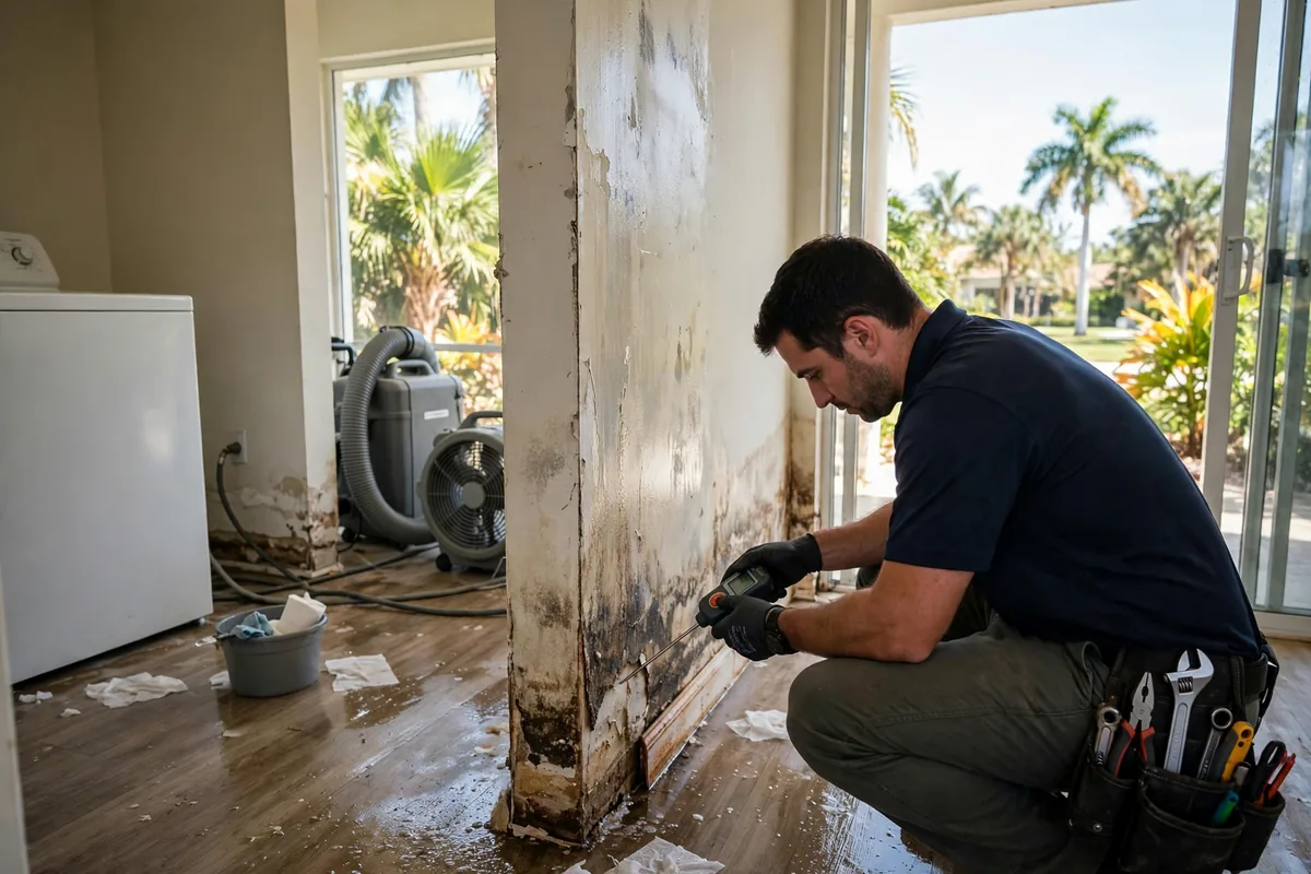 Water Damage Estero, FL — technician measuring moisture in a wall after an appliance leak