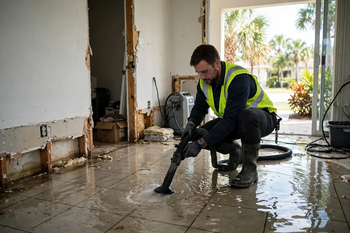Water Damage Fort Pierce, FL — technician extracting standing water from a flooded ground-floor room