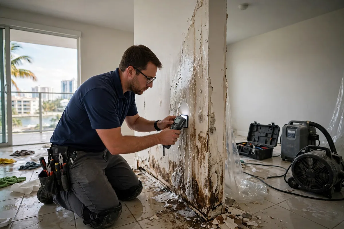 Water Damage North Miami Beach, FL β technician measuring wall moisture inside a condo after a leak