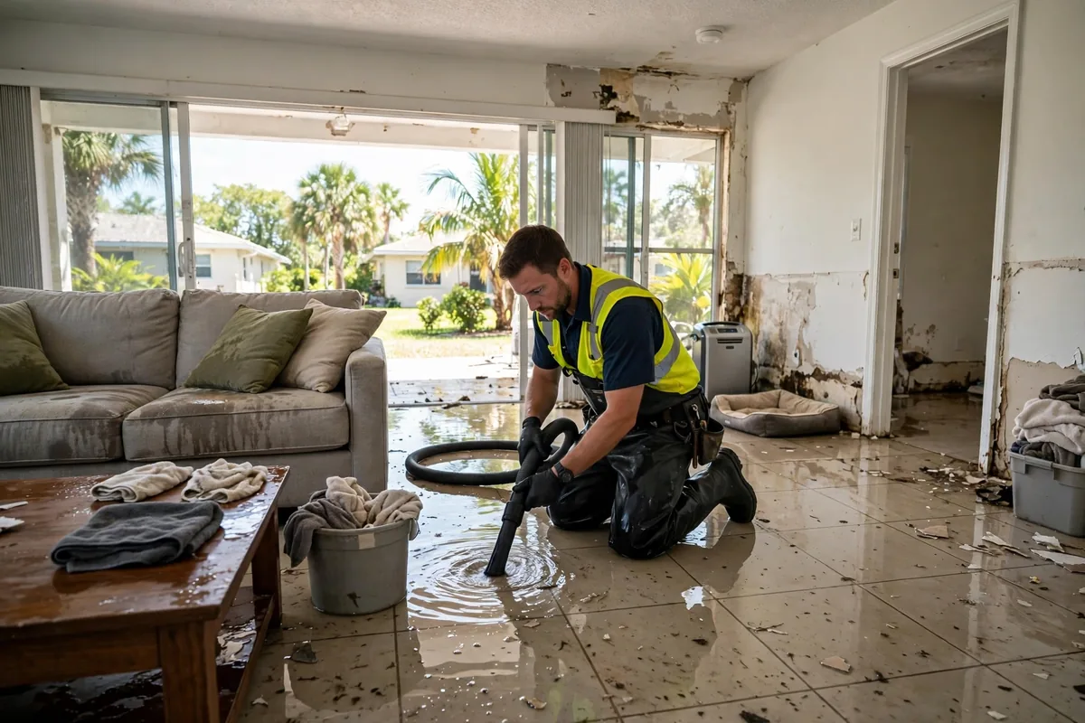 Water Damage Pinellas Park, FL — technician removing standing water from a flooded living room floor