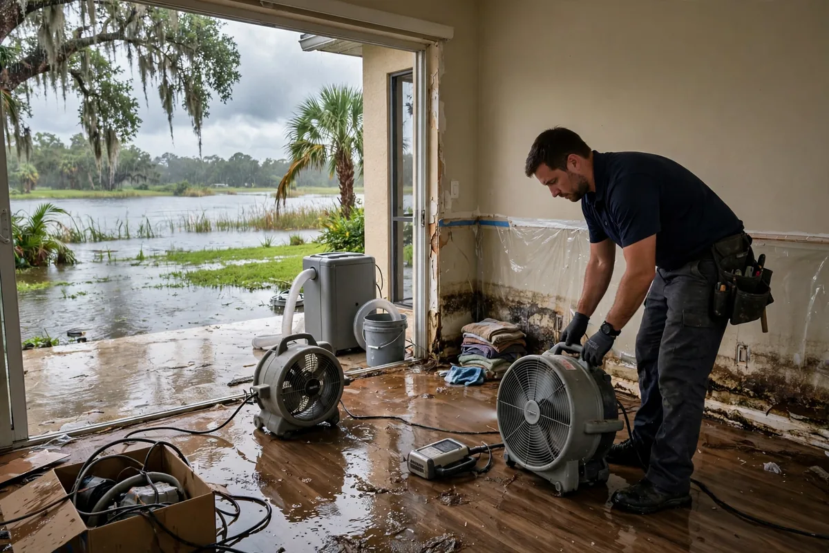 Water Damage Seminole County, FL — pro drying a home near a rain-swollen lake