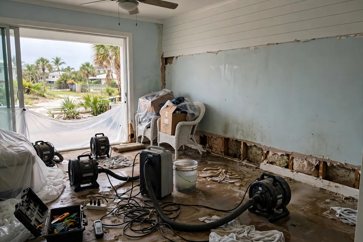 Water Damage St. Lucie County, FL — drying equipment in a coastal home after flooding