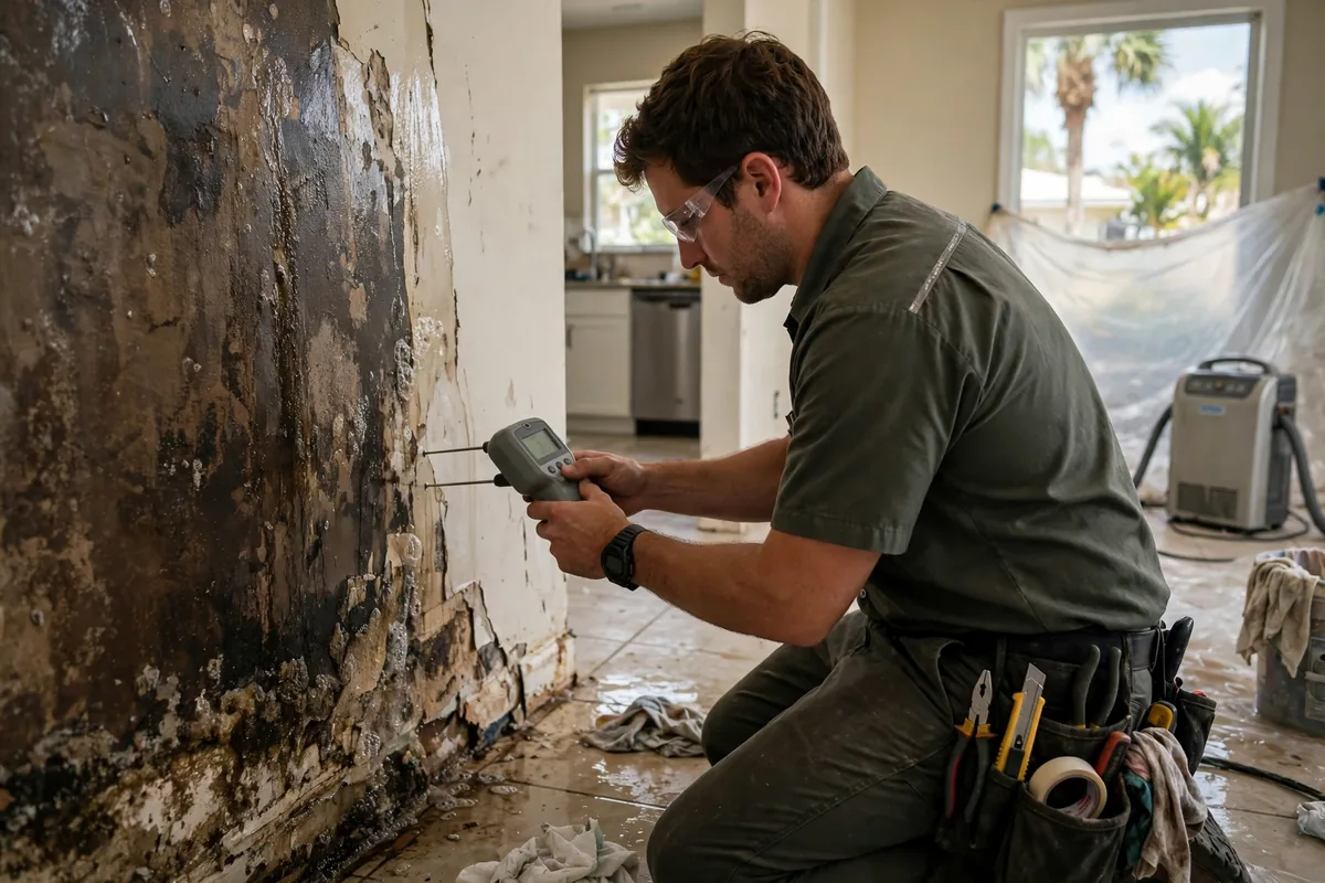 Water Damage Titusville, FL — technician measuring moisture in a wall after a pipe leak