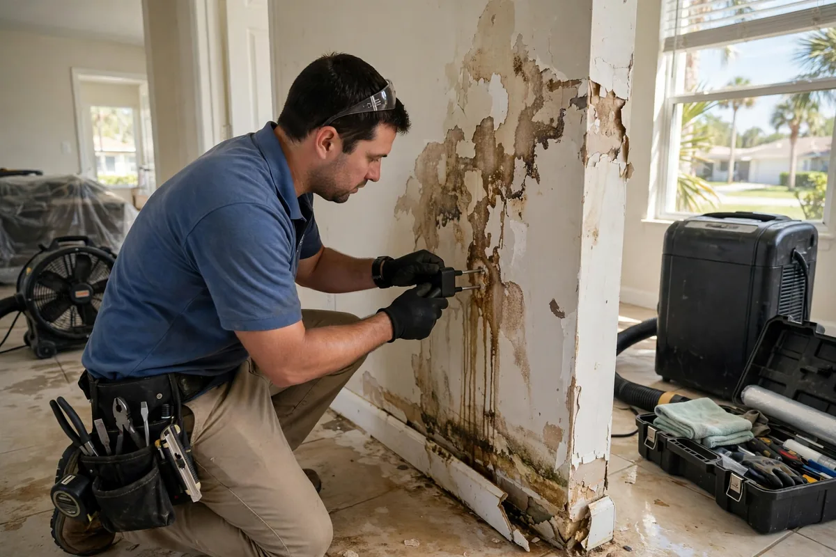 Water Damage Winter Springs, FL — technician measuring moisture in a wall after a hidden leak