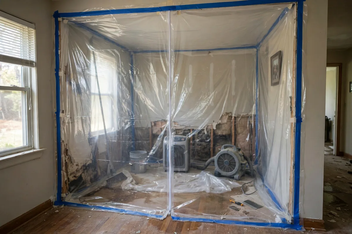Containment in water damage restoration — a sealed plastic barrier with a zipper door around a work area